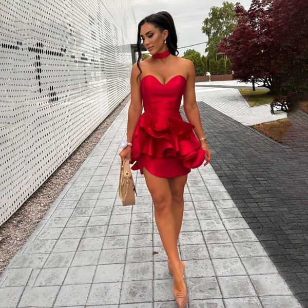 QueenLine Luxury Customized Sexy Red Short Prom Sweetheart Ruffles Satin Dress
