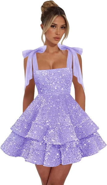 QueenLine Luxury A-Line Teen Tiered Sequin Square Neck Mini Homecoming Dress with Bow