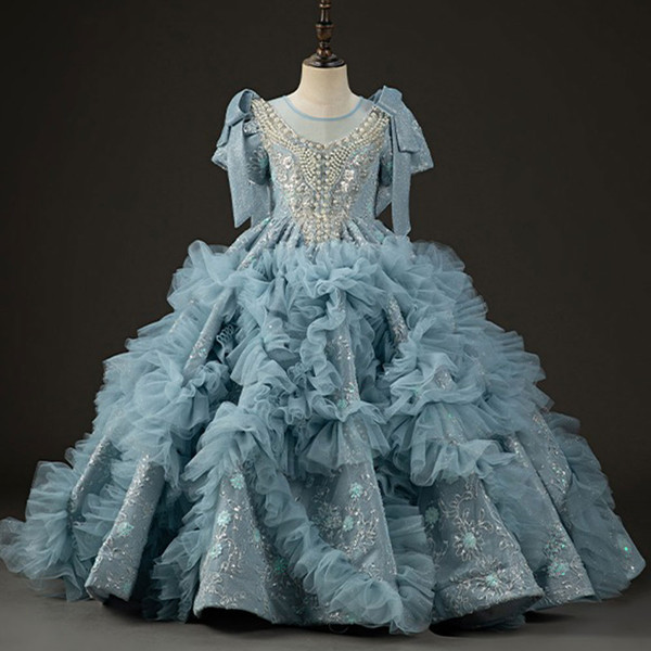QueenLine Luxury Arabic Dubai Blue Pearls Beaded Princess Flower Girl Dress
