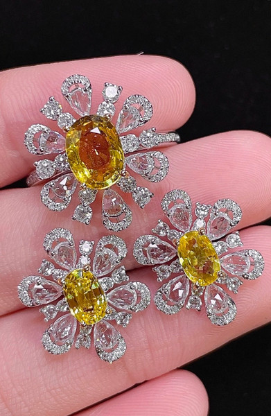 QueenLine Platinum Gold 1.13ct and 1.5ct Natural Yellow Sapphire Jewelry Sets