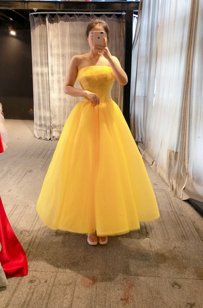 QueenLine Yellow Strapless Beading Custom Made Hand Sewing High Quality Evening Dress