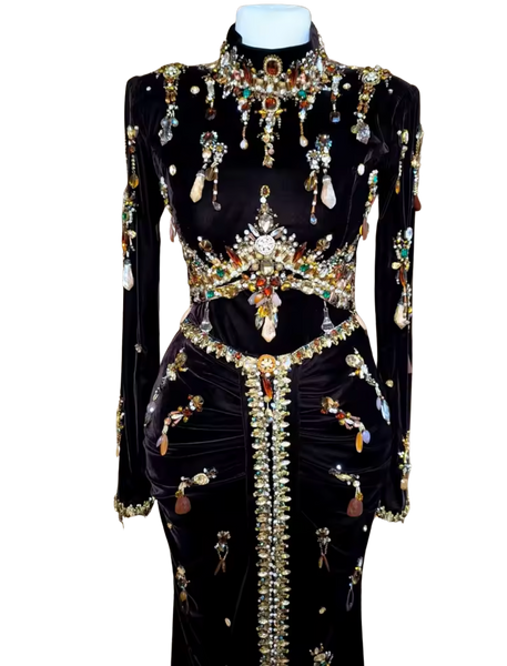 QueenLine Luxury Elegant Customized Muslim Black  Velvet Evening Dress With Crystals