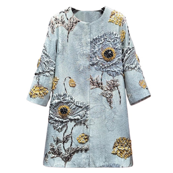 QueenLine Luxury Vintage Embroidery O neck Floral Beading Long 2/3 Sleeves Wide Waisted Coat