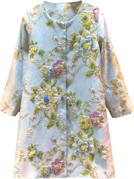 QueenLine Luxury Vintage Embroidery O-neck Floral Beading Long Covered Button Coat