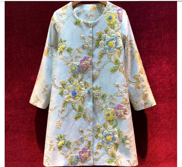 Luxury Lady Vintage Autumn Embroidery Jacket Women Floral Beading Long Coat Covered Button Outwear Trench O-neck