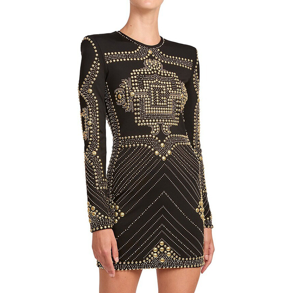 QueenLine Palace Style Rivet Beading Round Neck Long Sleeves Mini Dress