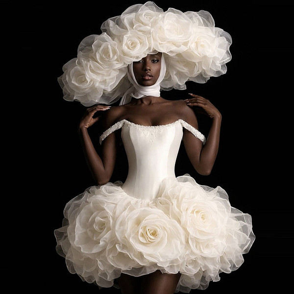 QueenLine Luxury 3D Flowers Off Shoulder Beads Puffy  Short Dress