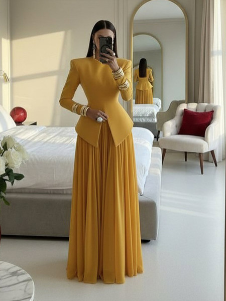 QueenLine Elegant Solid Split Coats Chiffon Skirt Two Pieces Blazer Skirts Suit Set