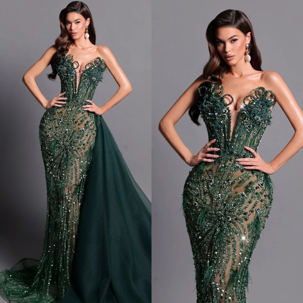 QueenLine Luxury Customized Exquisite Beading Pearls See Through Strapless Train Evening Dress