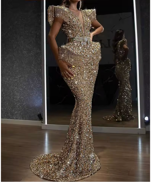 QueenLine Luxury Customized Glitter Mermaid Crystal Full Sequins Beading Evening Dress With Belt