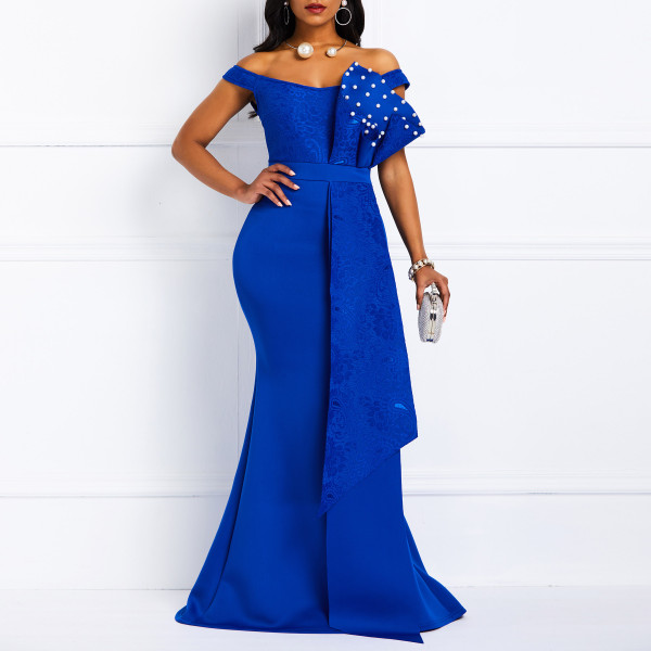 QueenLine Dark Royal Blue Evening Dress Sexy Mermaid Beads Off Shoulder Fashion Maxi Dresses