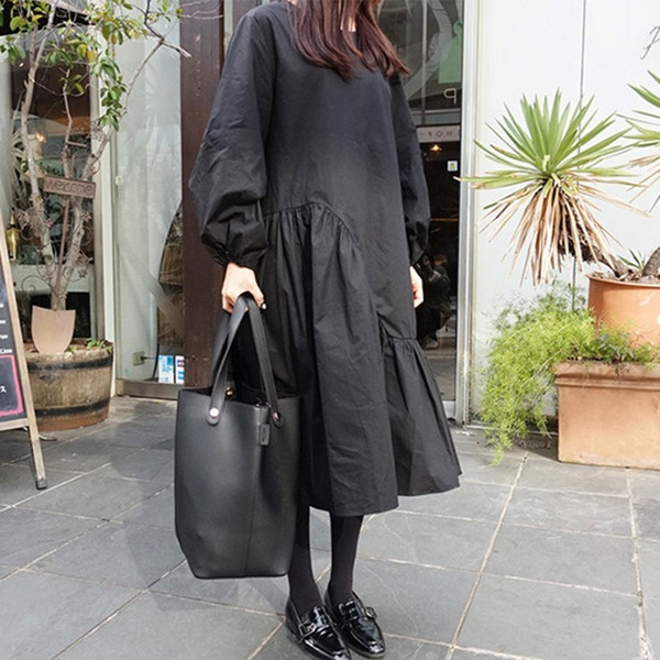 QueenLine Spring Autumn Dresses For Women O Neck Puff Sleeve Loose Patchwork Black Dress Female Clothes Oversize Fashion New