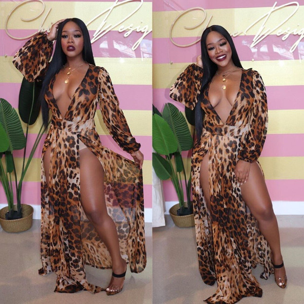 QueenLine High Split Sexy Maxi Dress Chiffon Long Lantern Sleeve Deep V-neck Long Dresses Leopard Printed Women Party Club Night Vestidos