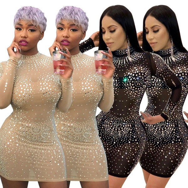 QueenLine Glitter Rhinestones Sexy Plus Size Dress Women Black O Neck Long Sleeve Bodycon Dress Elegant Khaki Mesh Patchwork Party Dresses