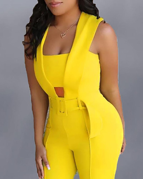 QueenLine Cut Out Belt Maxi Romper Wrap Overalls For Women Office One Piece Pants Casual Loose Trousers Yellow Jumpsuit
