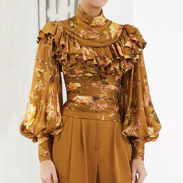 QueenLine Print Floral Patchwork Ruffle Elegant Women's Shirts Turtleneck Puff Sleeve Female Blouse Autumn Fashion New