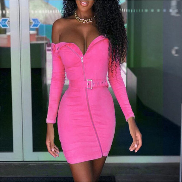 QueenLine off shoulder belt zipper button dress long sleeve bodycon autumn winter women sexy party casual lady clothes