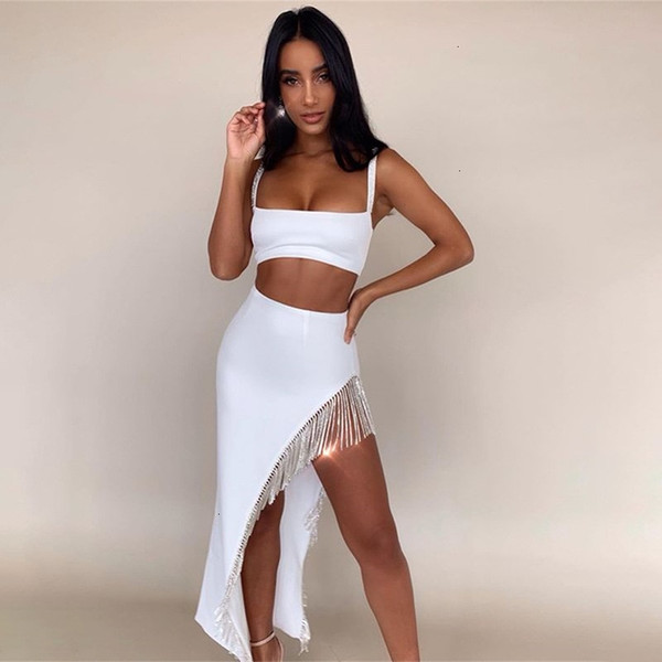 QueenLine Fringe White Two Piece Set Sexy Outfits Women Matching Set High Waist Skirts Split Crop Top and Skirt Set Solid