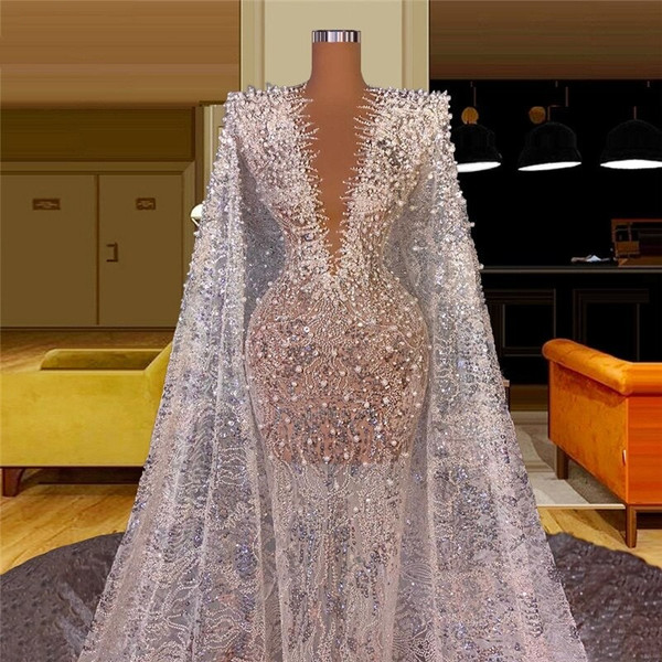 QueenLine Luxury Silver Evening Dress Middle East Muslim Party Dresses Abendkleider Mermaid Capped Sleeves New Arrival Prom Dresses