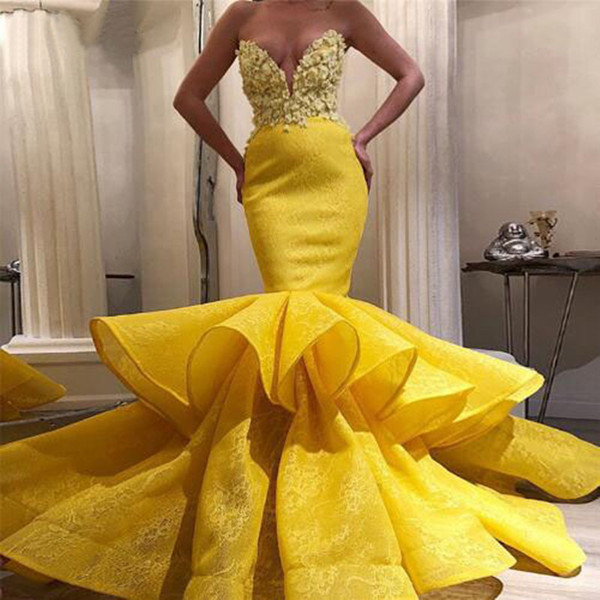 QueenLine New African Long Evening Party Dresses Elegant Yellow Lace Applique Satin Tiered Women Prom Formal Dress Mermaid robe de soiree