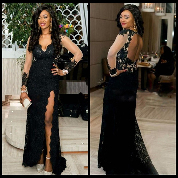 QueenLine vestido Illusion Long Sleeves Black Prom Dresses Applique Lace Dubai Kaftan Mermaid Evening Party Front Split Arabic