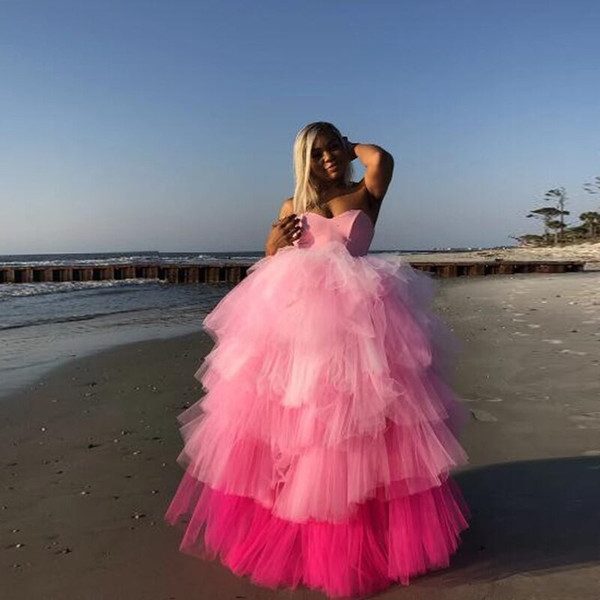 QueenLine Pink Chic Tiered Long Evening Party Dresses Sweetheart Puffy Tulle Formal Women Dresses Custom Prom Gown Robe de soiree