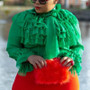 QueenLine Plain Standard Long Sleeve Blouse Green Ruffles Sleeve Summer Elegant Women Tops Blouse Shirts Female
