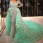 QueenLine Light Green Mermaid Evening Dresses with Detachable Train Robe De Soiree Long Sleeve Sequins Tier Tulle Party Pageant Dress Prom