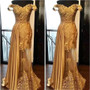 QueenLine New Backless Formal Dresses Evening Gold Illusion Off-Shoulder Sleeveless Elastic Satin Tulle Prom Party Gown Applique
