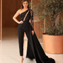 QueenLine Black Jumpsuit Prom Dresses One Shoulder Women Lace Beaded Formal Evening Gowns With Detachable Skirt  vestido de novia