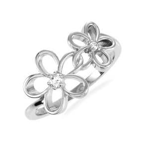 Sterling Silver Plumeria Ring - Open Double Flower with Diamonds Sterling Silver Plumeria Ring - Open Double Flower with Diamonds
