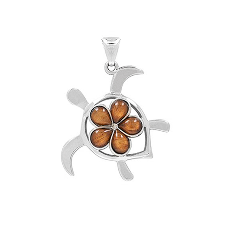 Sterling Silver Koa Plumeria Honu Pendant - Sm