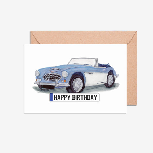 Happy Birthday Number Plate Austin Healey Car Illustration Card
