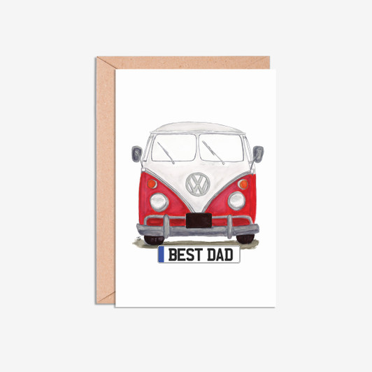 Best Dad Number Plate Red VW Camper Van  Front Car Illustration Card