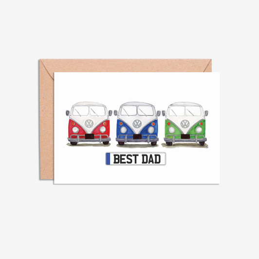 Best Dad Number Plate VW Camper Van Trio Illustration Card