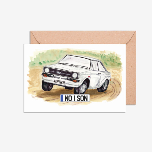 No 1 Son Number Plate Ford Escort MK2 Rally Car Illustration Card