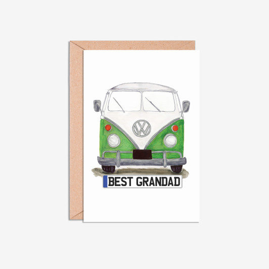 Best Grandad Number Plate Green VW Camper Van Illustration Card