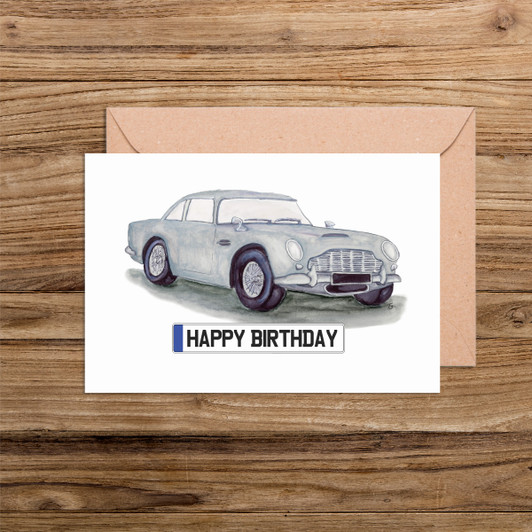 Happy Birthday Number Plate Aston Martin DB 5 Car Illustration Card