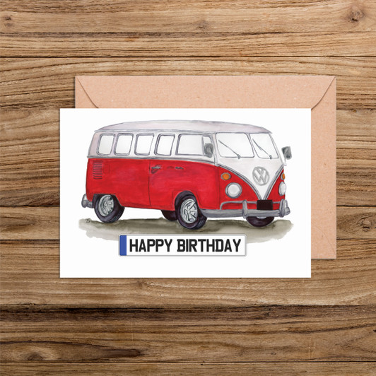 Happy Birthday Number Plate Red VW Camper Van Illustration Card