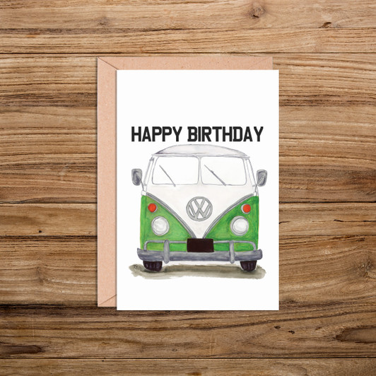 Happy Birthday Green VW Camper Van Illustration Card