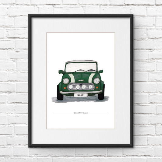 Personalised Classic Racing Green Mini Cooper Illustration Giclée Print