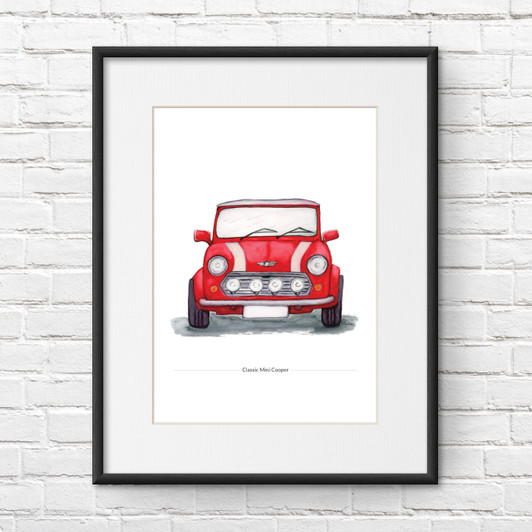 Classic Mini Cooper Front View Illustration Print in Red
