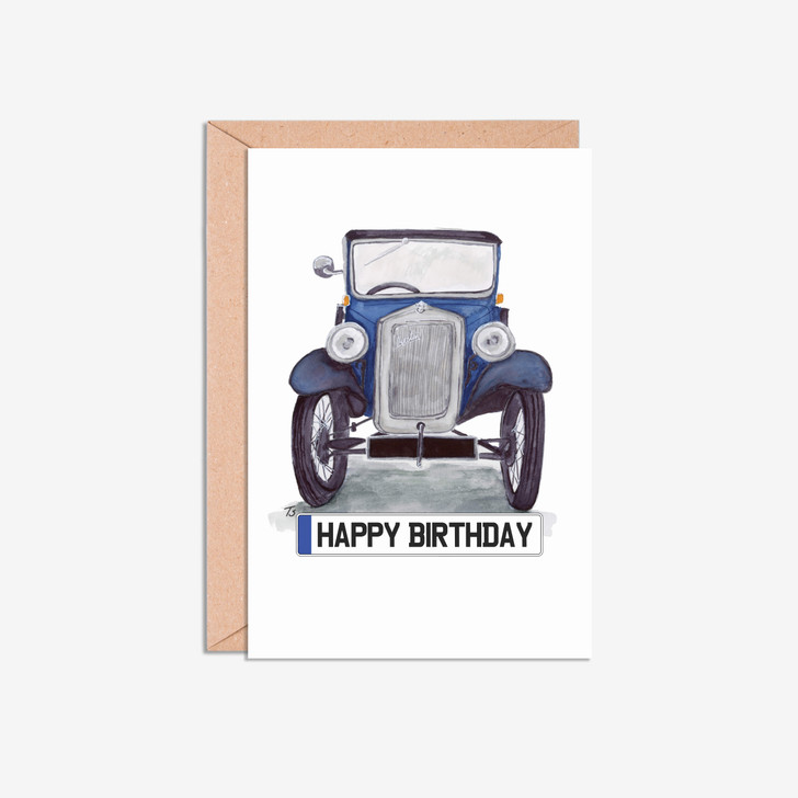 Happy Birthday Number Plate Austin 7  Car Illustration Card