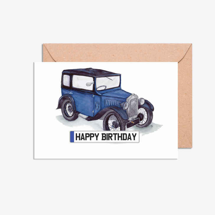 Happy Birthday Number Plate Austin 7  Car Illustration Card