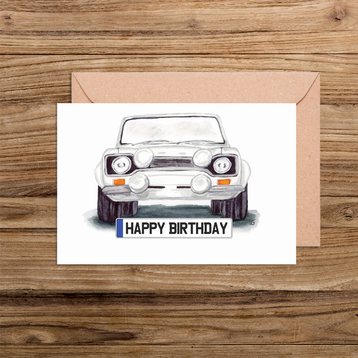 Happy Birthday Number Plate Ford Escort MK 1 Front Car Illustration Card