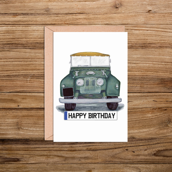 Land Rover front view number plate birthday day cards