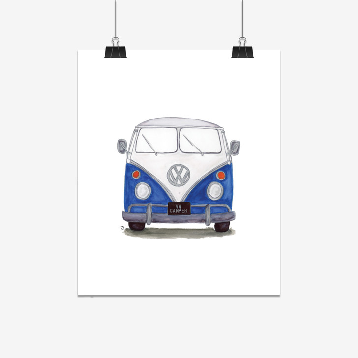 Blue VW Camper Illustration Portrait Giclée Print