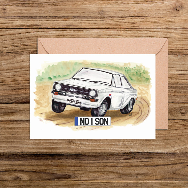 No 1 Son Number Plate Ford Escort MK2 Rally Car Illustration Card