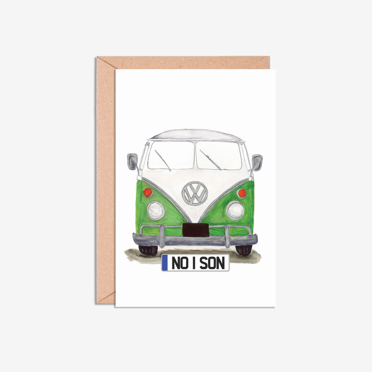 No 1 Son Number Plate VW Camper Van in Green Illustration Card