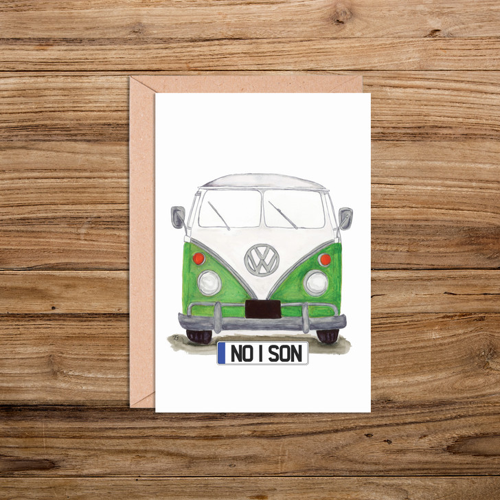 No 1 Son Number Plate VW Camper Van in Green Illustration Card